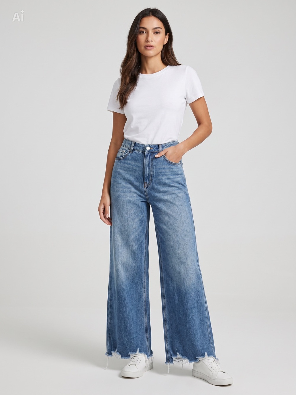 Fashion Nova Light Blue Wide-Leg Frayed Hem Jeans